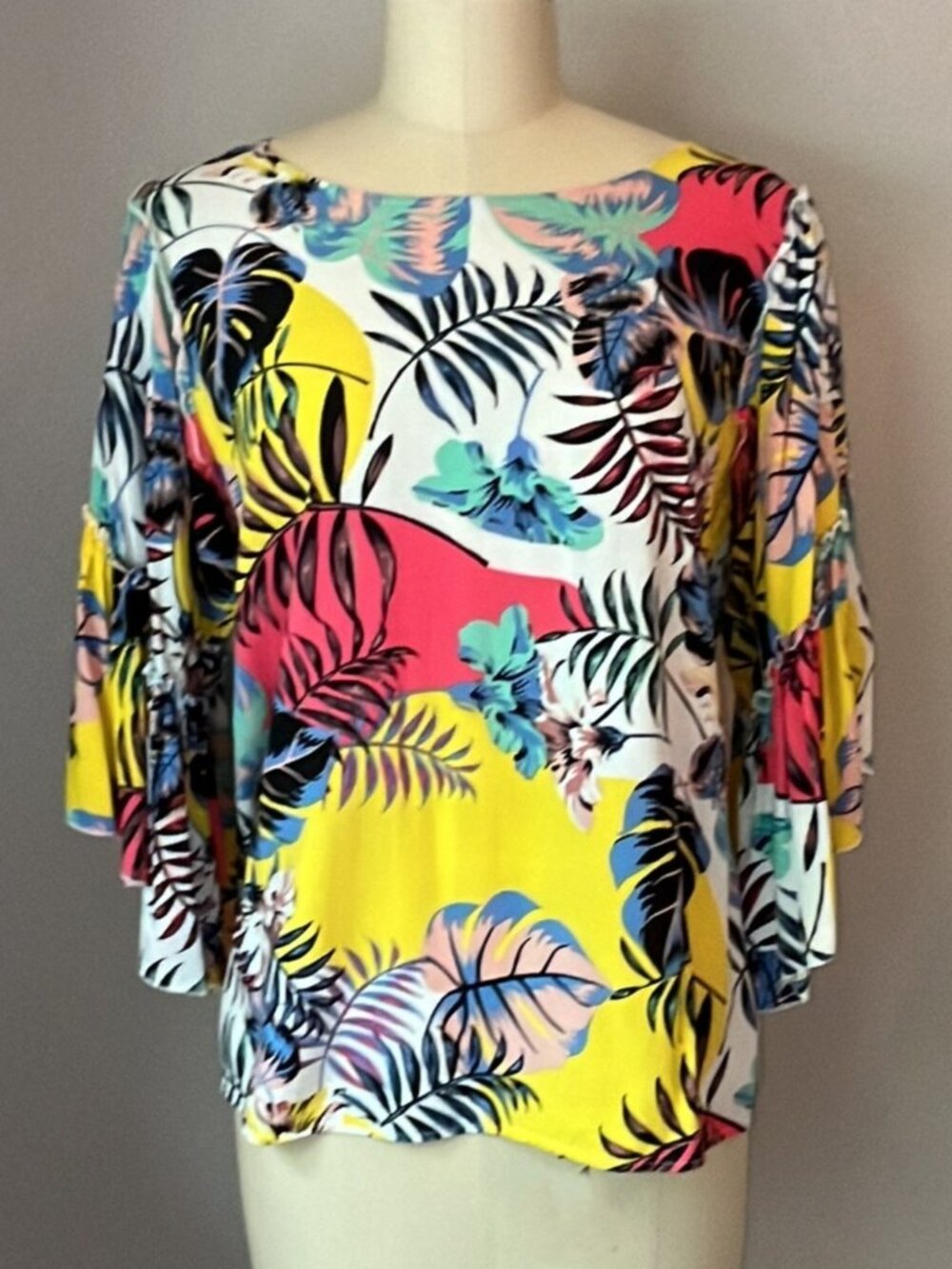 NY Collection Yellow Tropical Floral Print 3/4 Sleeve Blouse Top Large